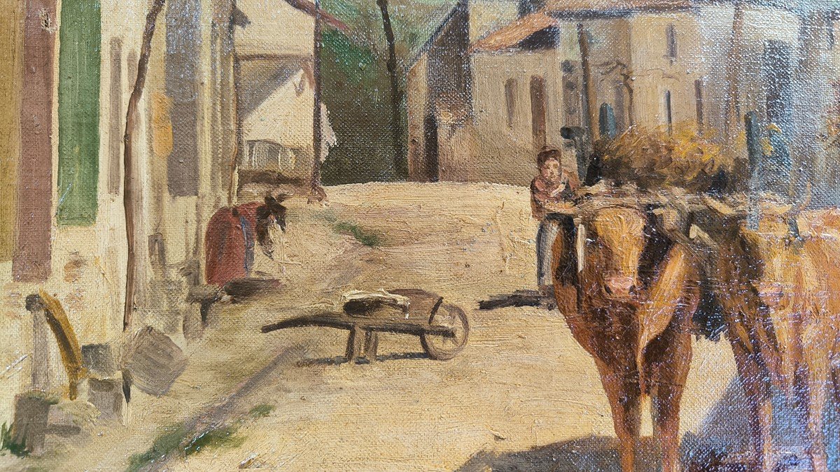 Huile Sur Toile "Paysan Ramassant Le Fumier à l'Entrée Du Village" 61 X 46 Cm-photo-3