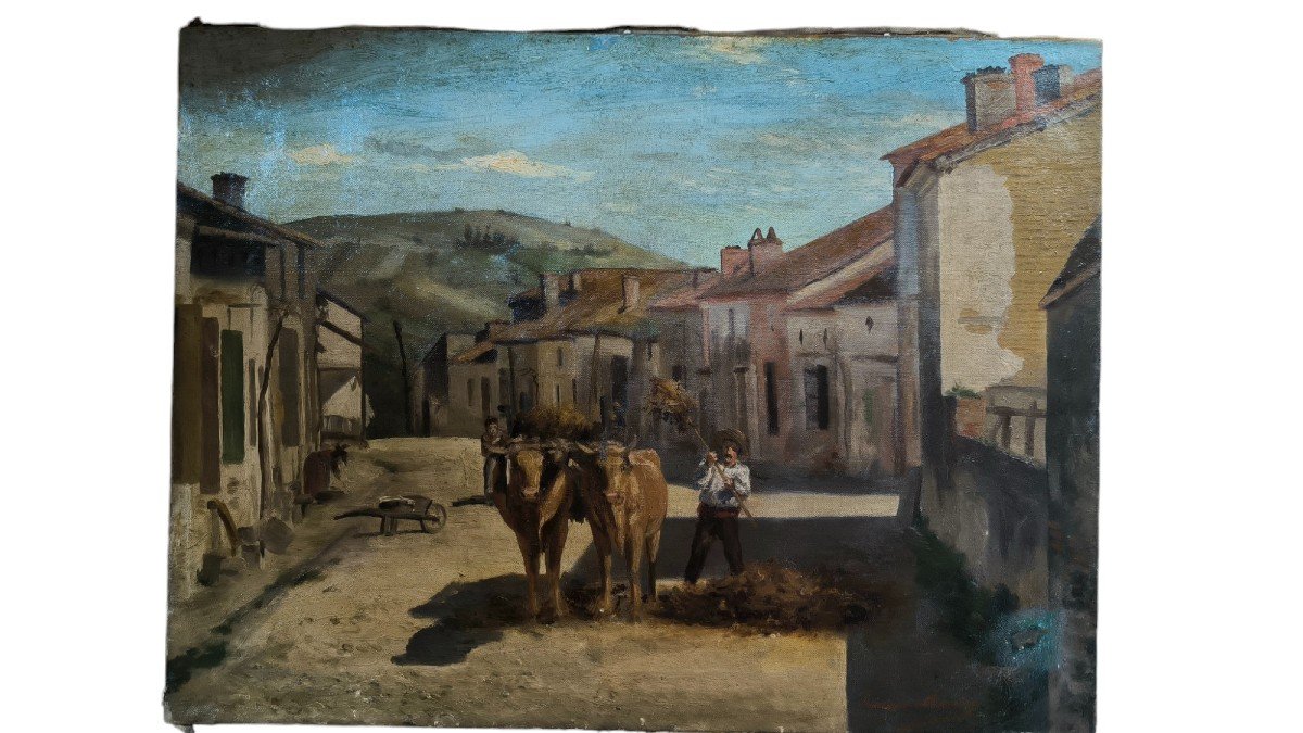 Huile Sur Toile "Paysan Ramassant Le Fumier à l'Entrée Du Village" 61 X 46 Cm