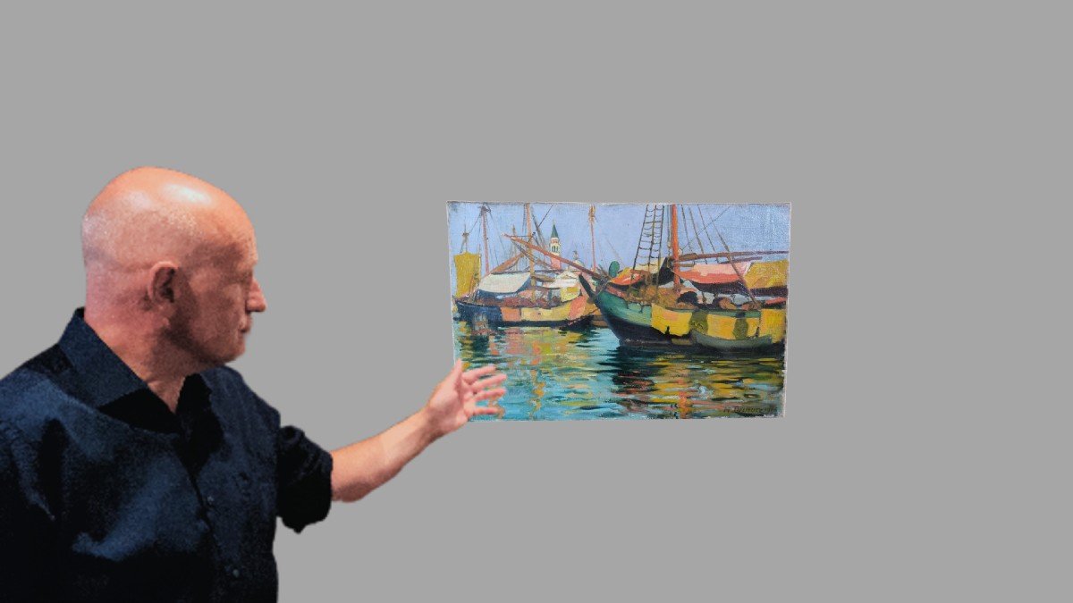 Oil On Canvas "boats In Venice" 41 X 27 Cm-photo-2