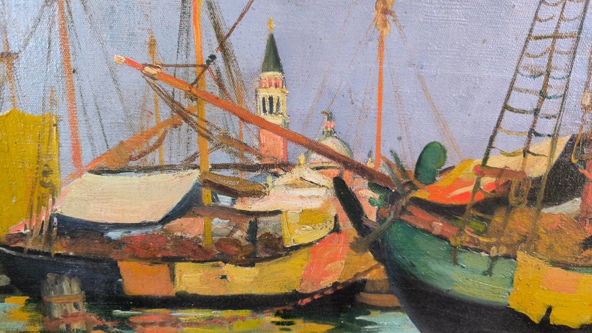 Oil On Canvas "boats In Venice" 41 X 27 Cm-photo-1