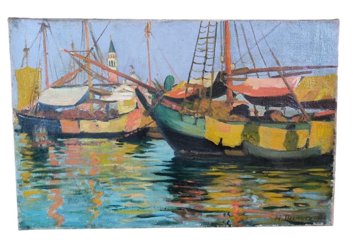 Oil On Canvas "boats In Venice" 41 X 27 Cm