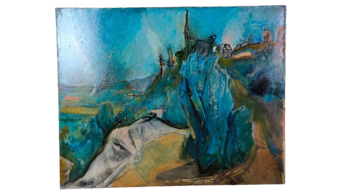 Oil On Canvas "the Village On The Aiguille Bleue" 91.5 X 73 Cm