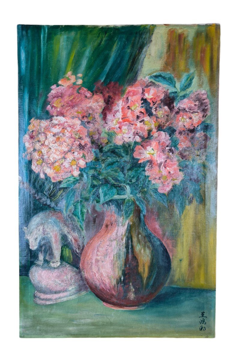 Huile Sur Toile "le Bouquet De Fleurs Et l'Ours Mal Léché" 75 X 48 Cm