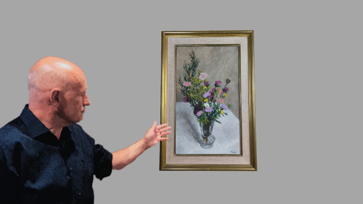 Huile Sur Toile  "bouquet De Fleurs"  55 X 33 Cm-photo-4