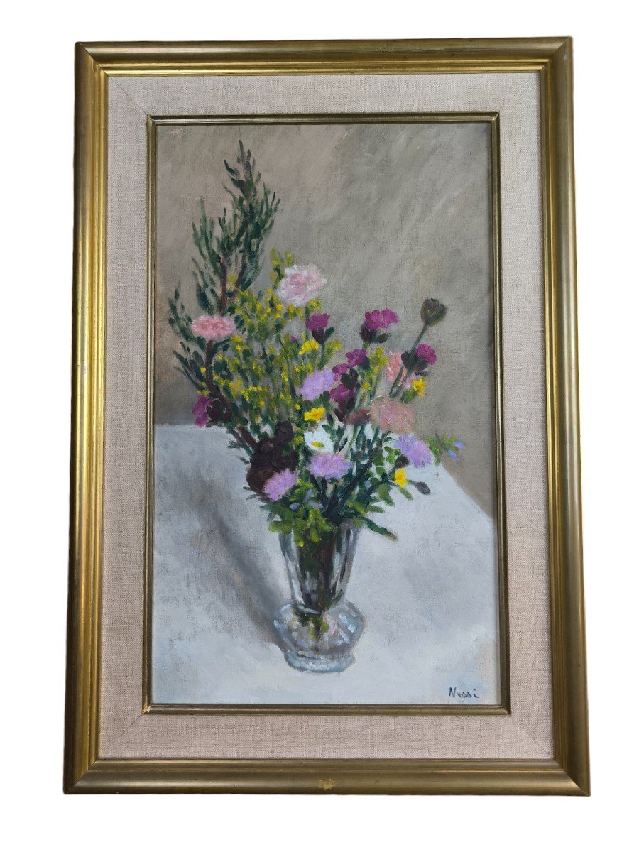 Huile Sur Toile  "bouquet De Fleurs"  55 X 33 Cm