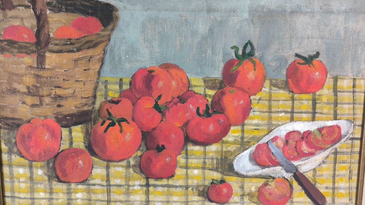 Oil On Canvas "tomato Bed On Tablecloth" 61 X 38 Cm-photo-2