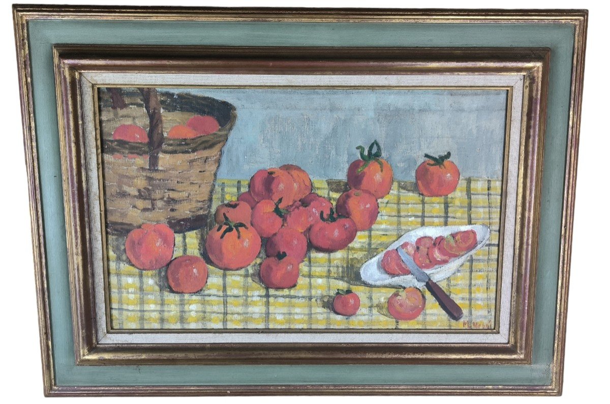 Oil On Canvas "tomato Bed On Tablecloth" 61 X 38 Cm