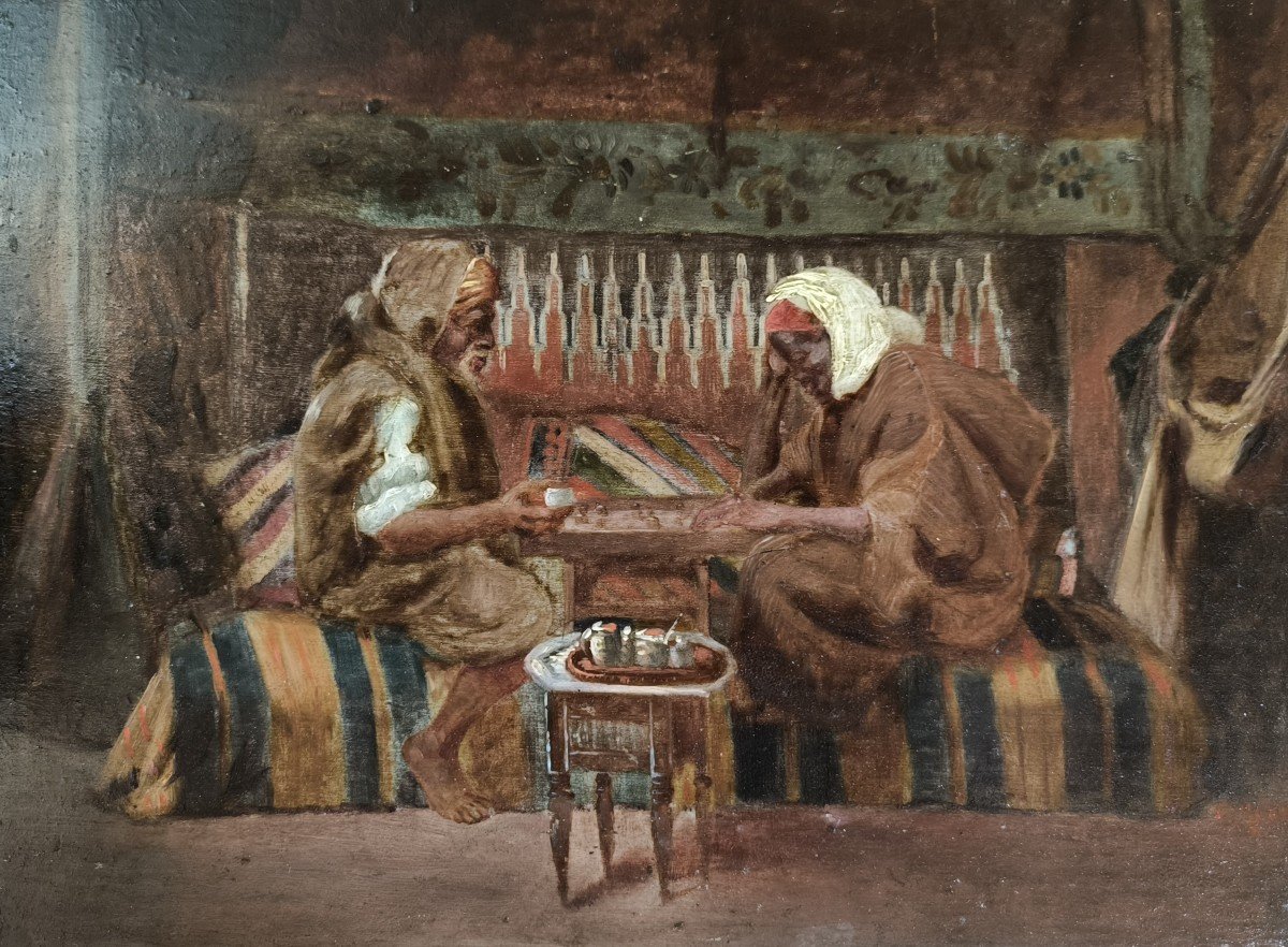 Huile Sur Panneau "orientaux Jouant Aux Dames" 32,9 X 24,3 Cm-photo-1