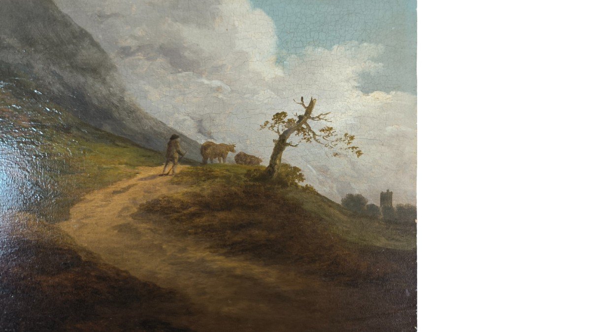 Oil On Panel "cowherd In The Hill Before The Storm" 31 X 24.7cm-photo-1