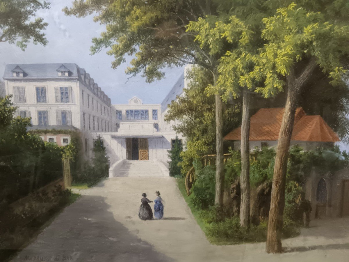 Pastel Sur Papier "deux Promeneuses Dans Le Parc De La Propriété" 34 X 48,2cm-photo-3