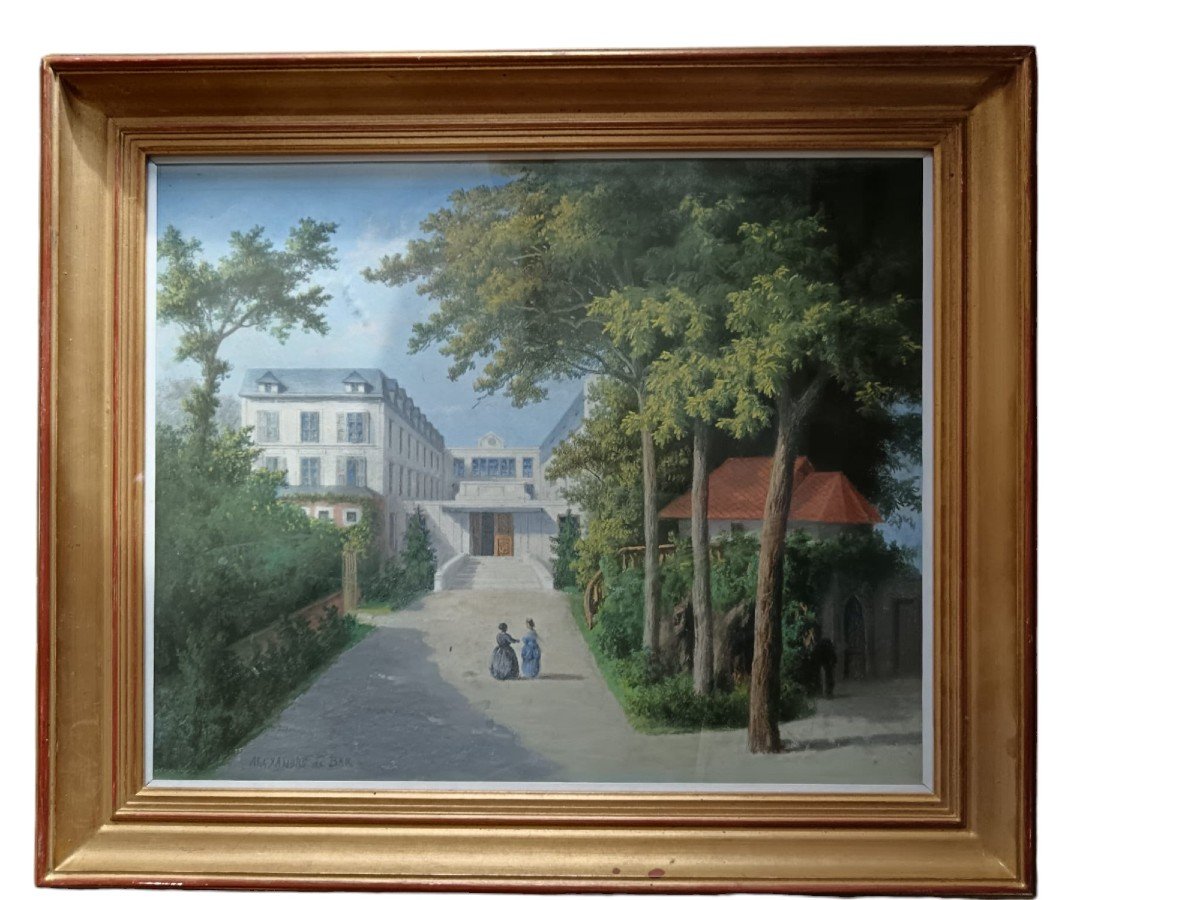 Pastel Sur Papier "deux Promeneuses Dans Le Parc De La Propriété" 34 X 48,2cm