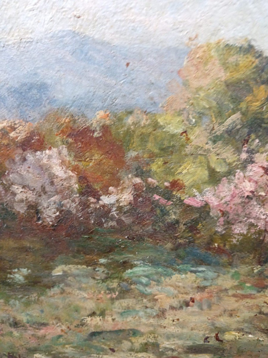 Oil On Cardboard "the House Behind The Flowering Trees" 34 X42 Cm-photo-2