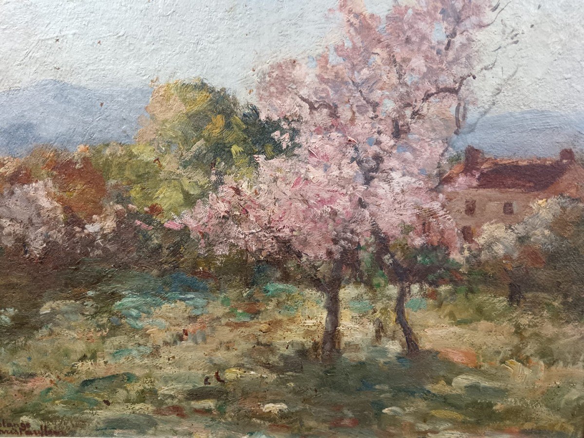 Oil On Cardboard "the House Behind The Flowering Trees" 34 X42 Cm-photo-3