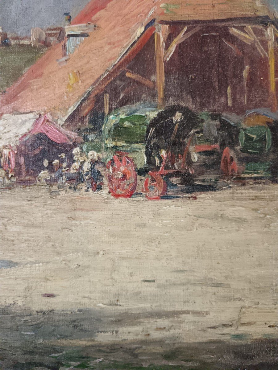 Huile Sur Toile "le Marché Près Des Halles" 36,5 X 26 Cm-photo-1