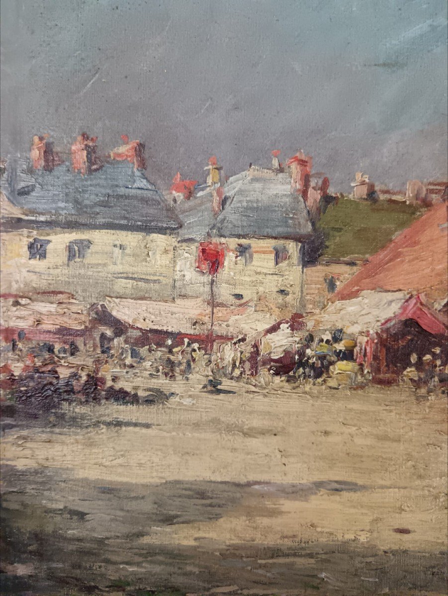 Huile Sur Toile "le Marché Près Des Halles" 36,5 X 26 Cm-photo-2