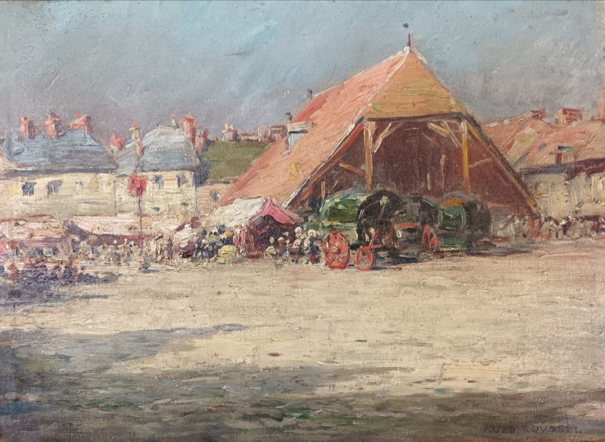 Huile Sur Toile "le Marché Près Des Halles" 36,5 X 26 Cm-photo-3