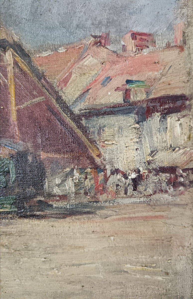 Oil On Canvas "the Market Near The Halles" 36.5 X 26 Cm-photo-5