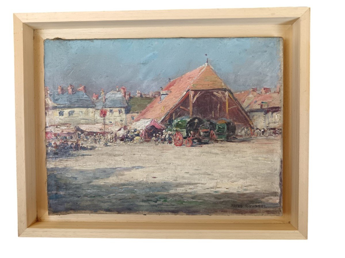 Huile Sur Toile "le Marché Près Des Halles" 36,5 X 26 Cm