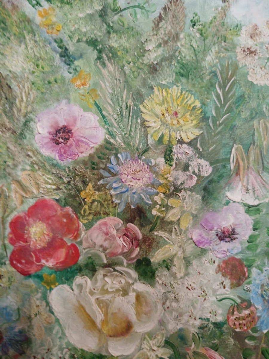 Huile Sur Toile "bouquet De Fleurs" 46 X 33 Cm-photo-1