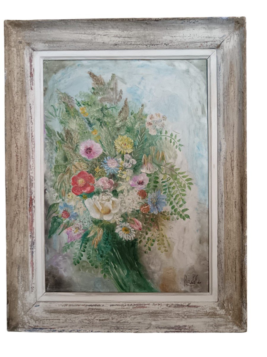 Huile Sur Toile "bouquet De Fleurs" 46 X 33 Cm