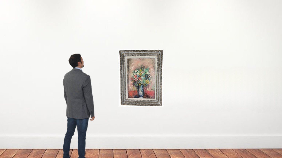 Oil On Canvas "bouquet Of Flowers" 55 X 38 Cm-photo-3