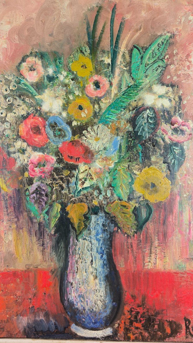 Oil On Canvas "bouquet Of Flowers" 55 X 38 Cm-photo-1