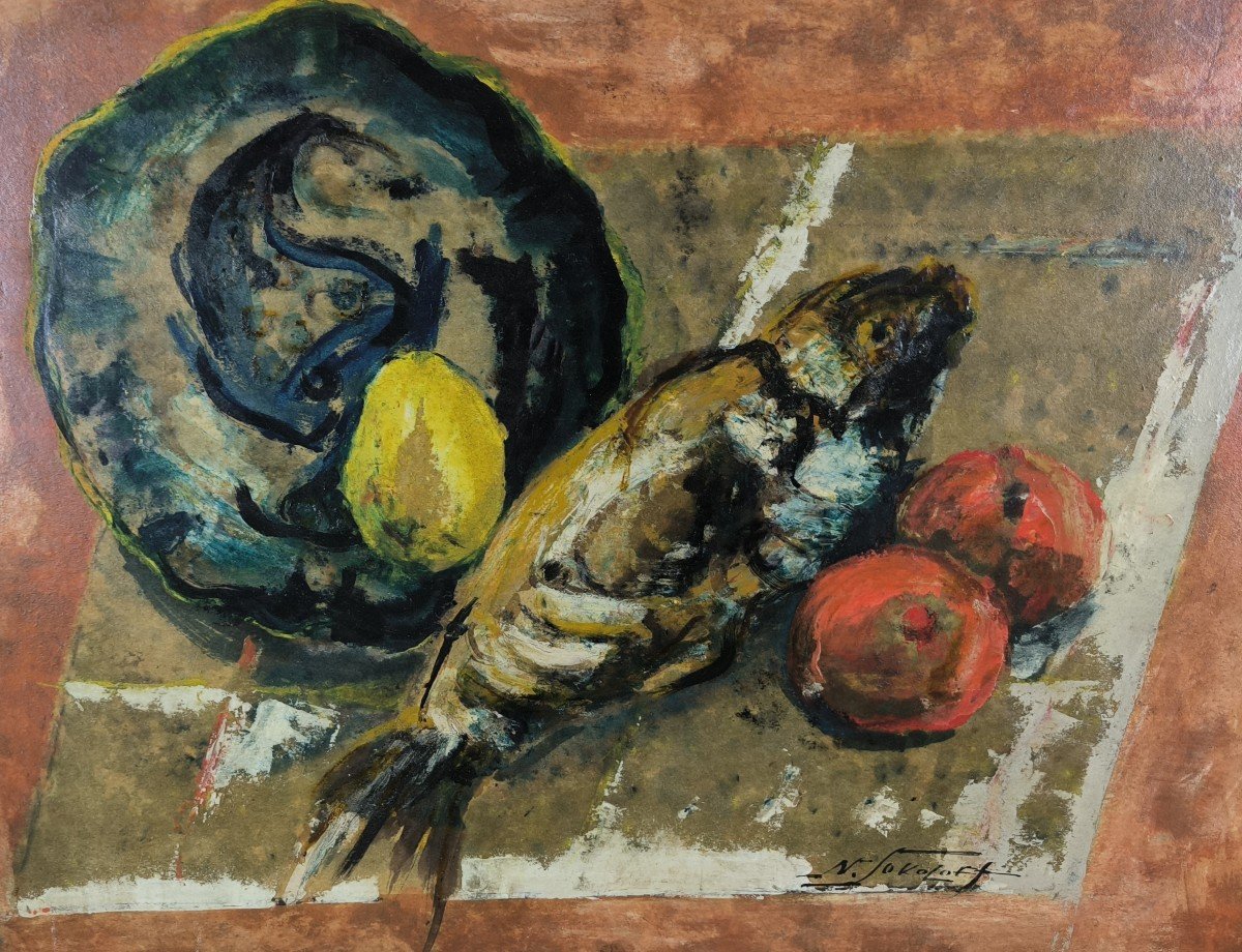 Huile Sur Carton "nature Morte Aux Poissons" 61 X 46 Cm-photo-1