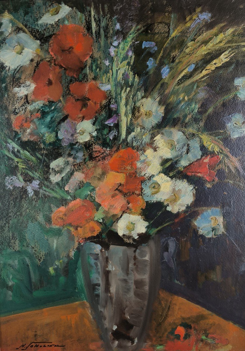 Oil On Cardboard "bouquet Of Flowers" 61 X 46 Cm-photo-1