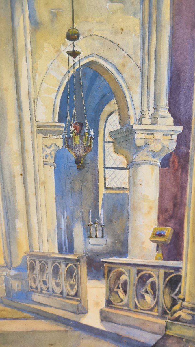 Aquarelle Sur Papier "intérieur d'Eglise" 49 X 24,3 Cm-photo-1