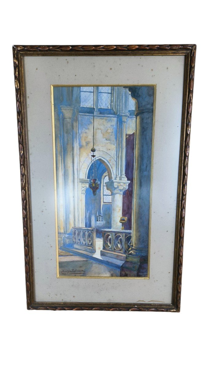 Aquarelle Sur Papier "intérieur d'Eglise" 49 X 24,3 Cm