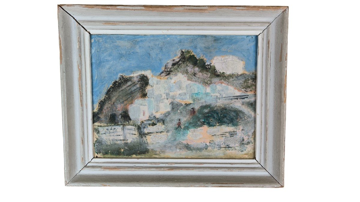 Technique Mixte Sur Carton "village Dans Les Montagnes" 31 X 24 Cm