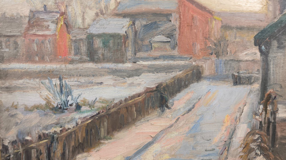 Oil On Canvas "snowy Street" 55 X 46 Cm -photo-2