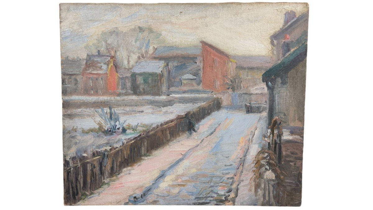 Oil On Canvas "snowy Street" 55 X 46 Cm 