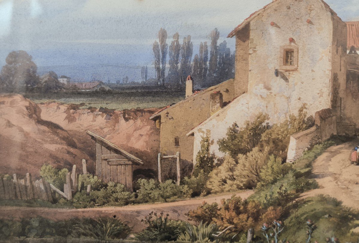 Watercolor "the Hamlet In The Countryside" 48 X 32 Cm-photo-3