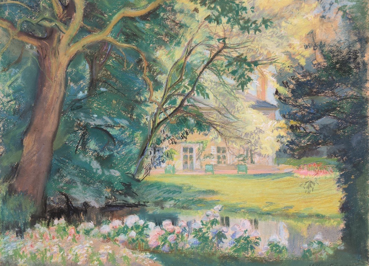 Pastel Et Gouache Sur Papier "le Parc Du Château" 46,3 X 37,5 Cm-photo-1