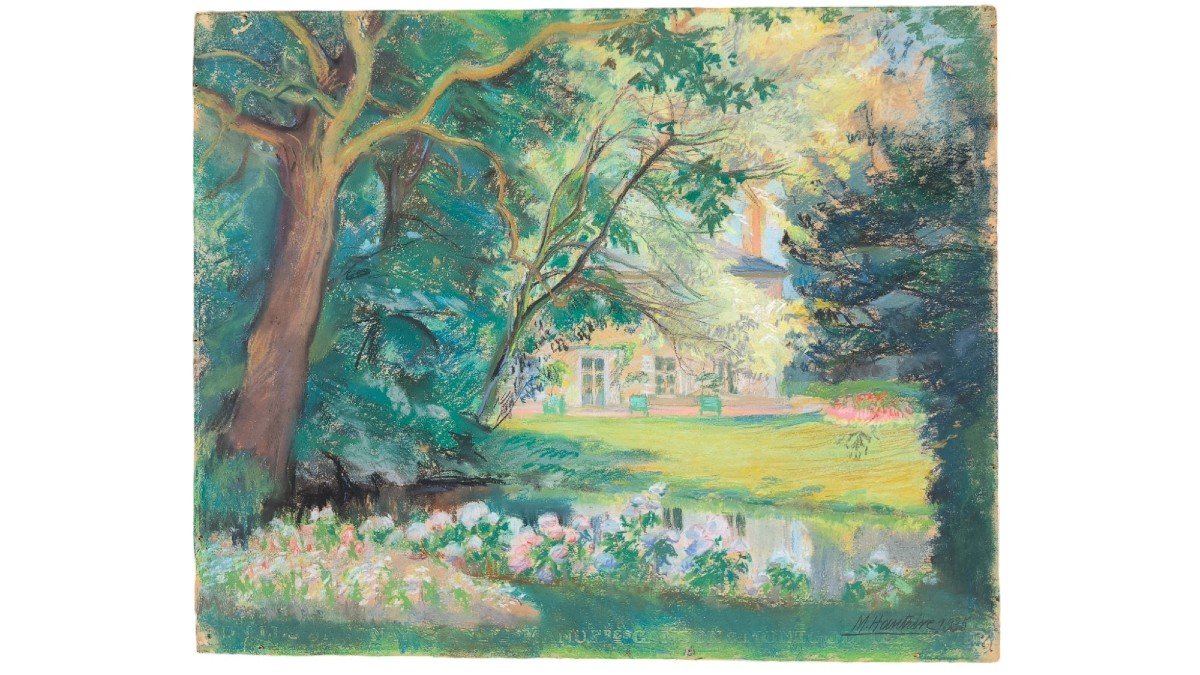 Pastel Et Gouache Sur Papier "le Parc Du Château" 46,3 X 37,5 Cm