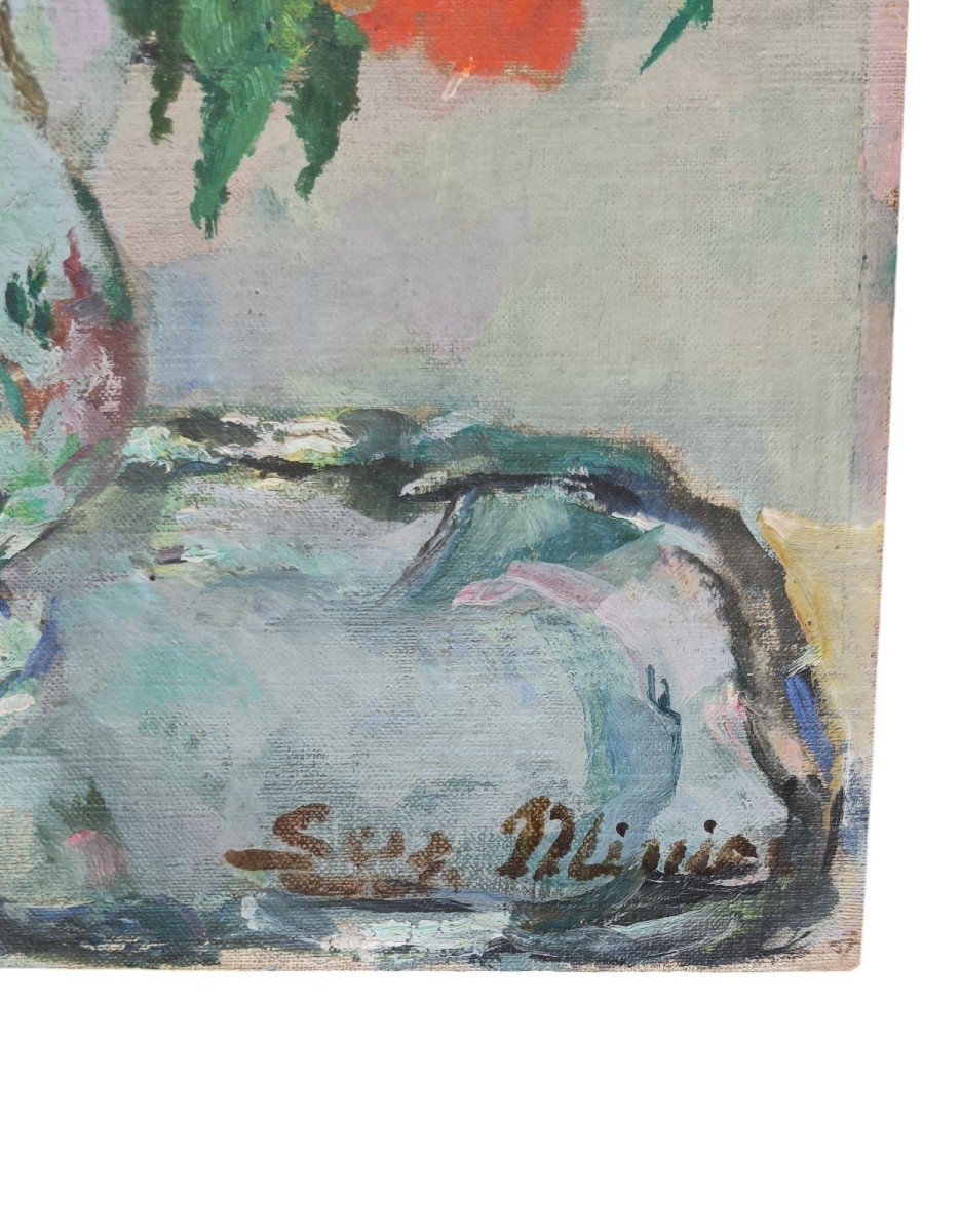 Suzanne Minier. Oil On Canvas Mounted On Cardboard "bouquet Of Flowers" 35 X 27 Cm-photo-2