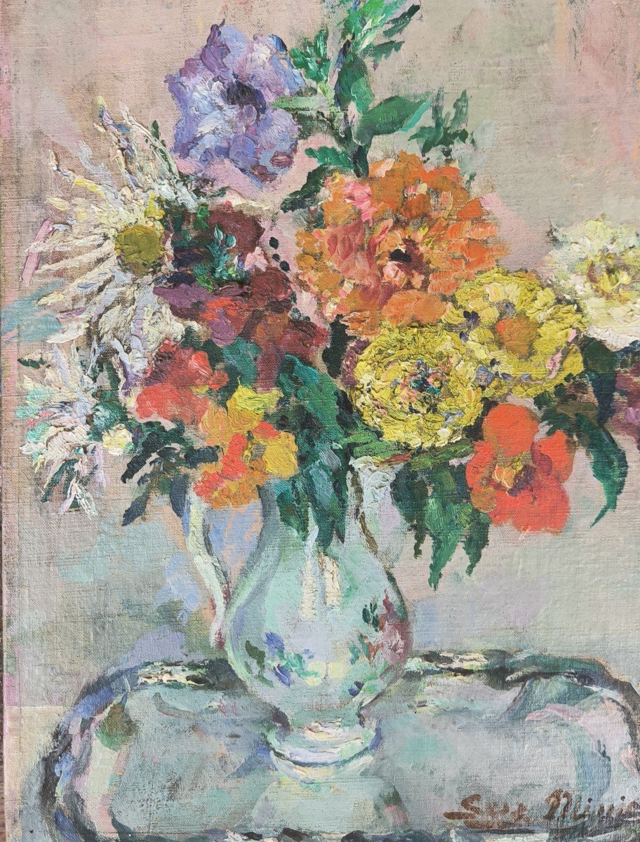 Suzanne Minier. Oil On Canvas Mounted On Cardboard "bouquet Of Flowers" 35 X 27 Cm-photo-1