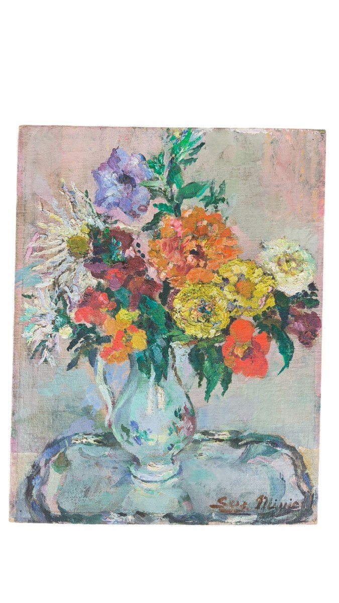 Suzanne Minier. Oil On Canvas Mounted On Cardboard "bouquet Of Flowers" 35 X 27 Cm