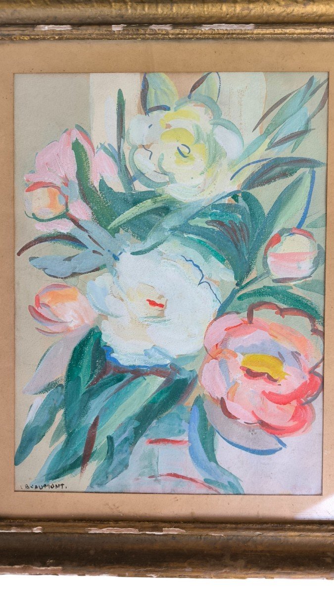 Lucienne Beaumont. Aquarelle Gouachée "fleurs" 33,5 X 25 Cm