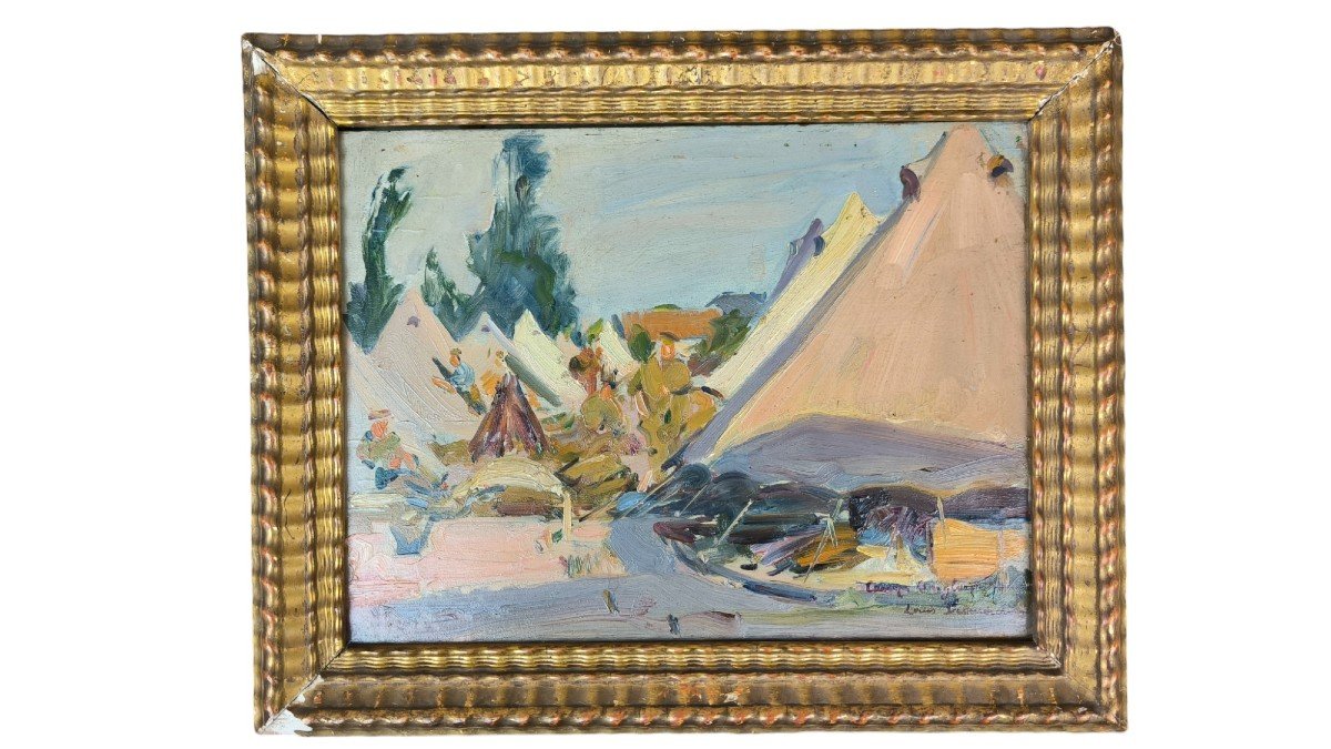 Louis Dumoulin. Oil On Panel "in The English Camp" 33 X 24 Cm