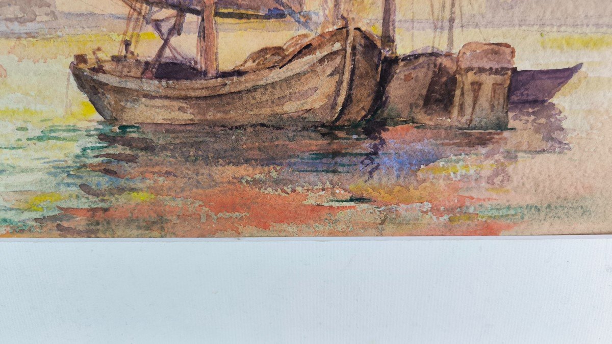 Gilbert Auguste Privat. Watercolor "boats In Venice" 36 X 27 Cm-photo-1