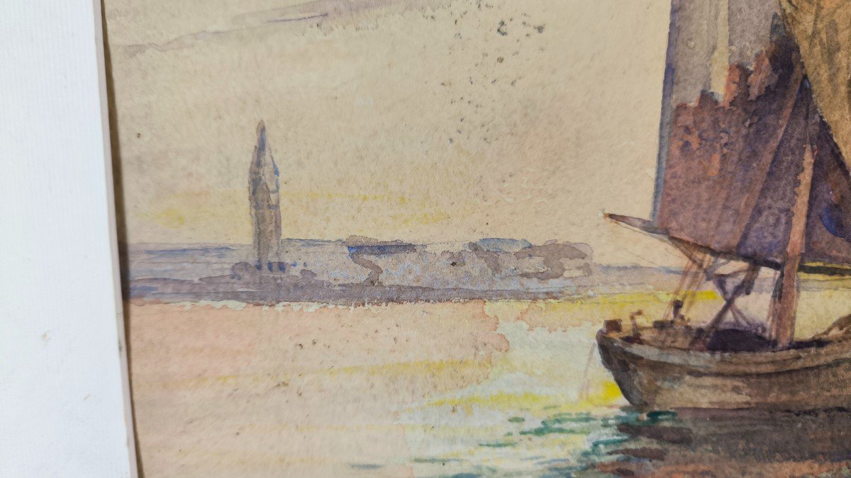 Gilbert Auguste Privat. Watercolor "boats In Venice" 36 X 27 Cm-photo-2