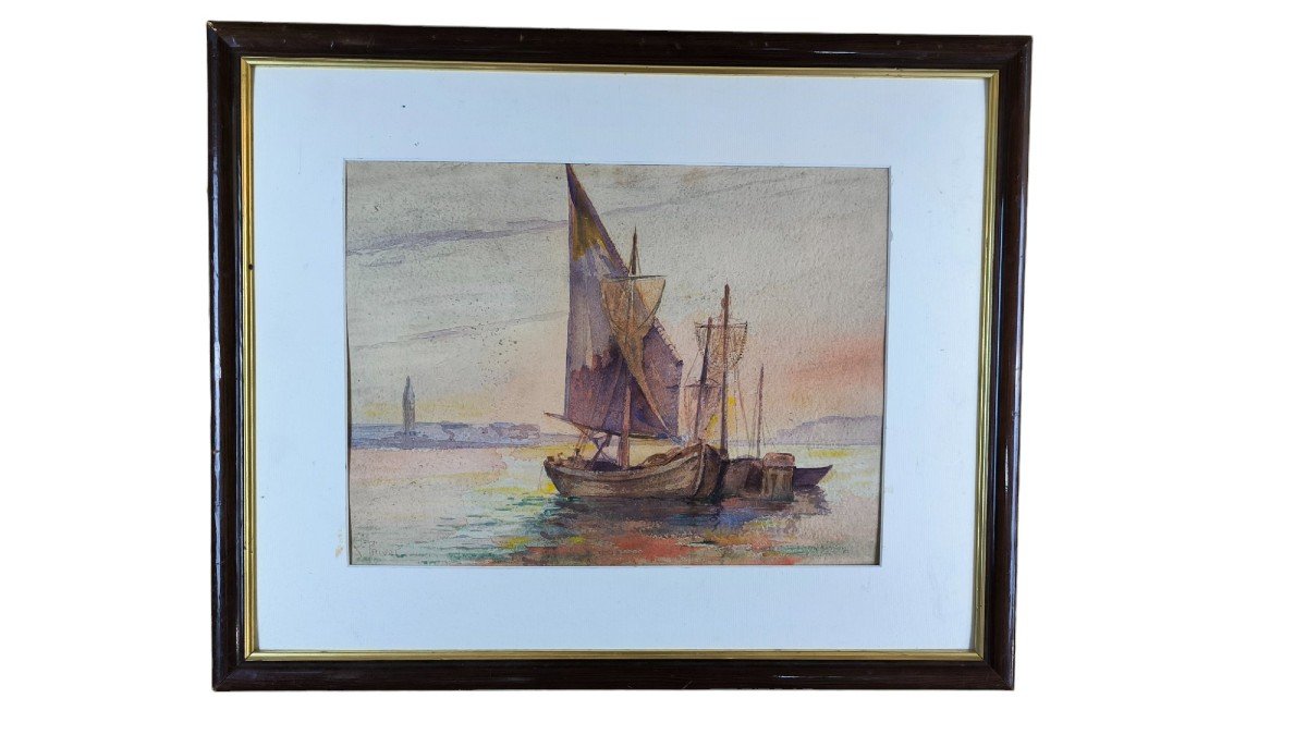 Gilbert Auguste Privat. Watercolor "boats In Venice" 36 X 27 Cm