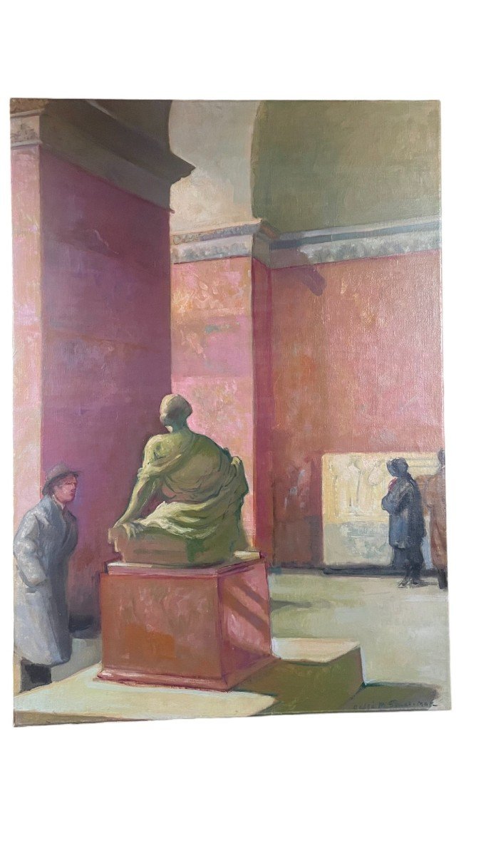 André Meaux Saint-marc. Oil On Canvas "visit To The Louvre Museum" 92 X 64.5 Cm