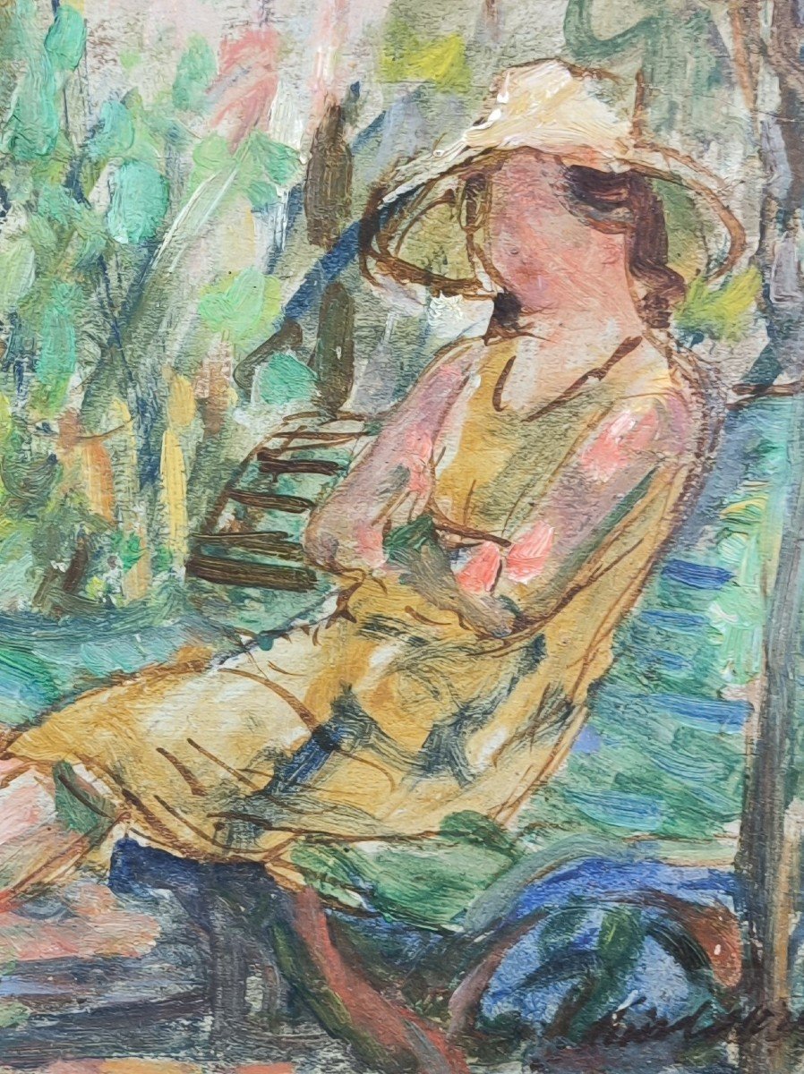 Joseph Lamberton. Oil On Cardboard "young Woman Sitting On A Bench" 31.2 X 26 Cm-photo-2