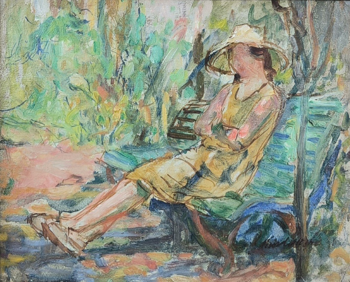 Joseph Lamberton. Oil On Cardboard "young Woman Sitting On A Bench" 31.2 X 26 Cm