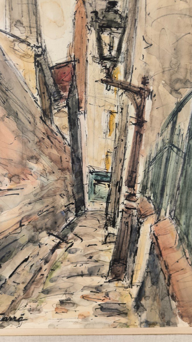 Farré. Aquarelle "la Cheminée d'Usine Dans La Ruelle" 64 X 31 Cm-photo-1