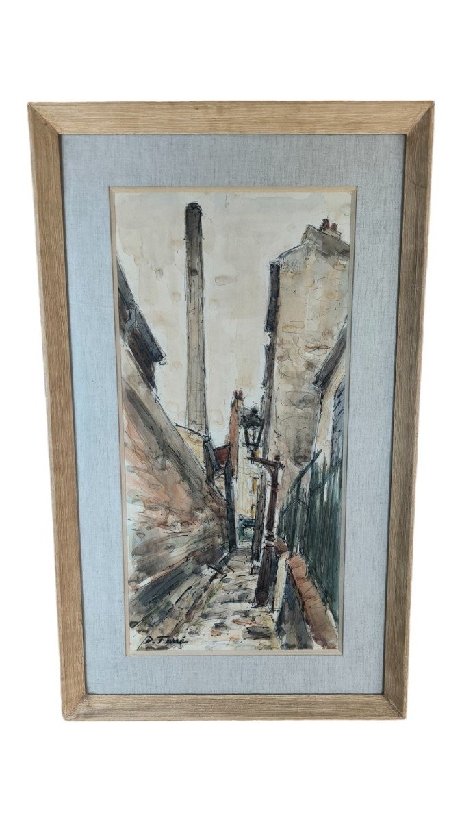 Farré. Aquarelle "la Cheminée d'Usine Dans La Ruelle" 64 X 31 Cm