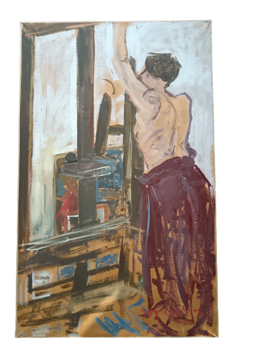 Benoît Cousin. Oil On Canvas "the Model In The Studio" 130 X 80.7 Cm.